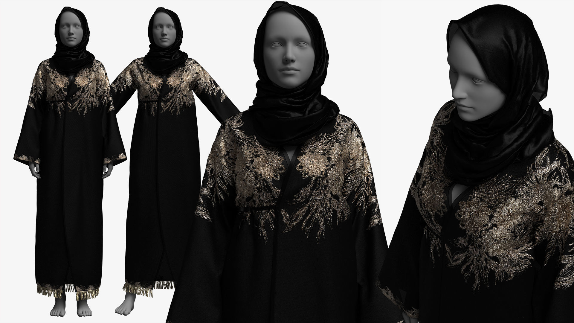 Elegant Black-Gold Embroidered Abaya with Hijab 3D model_4