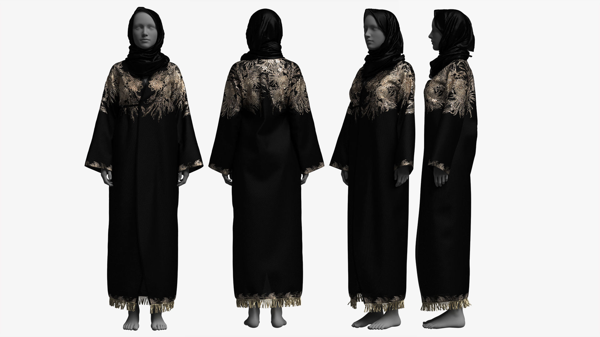 Elegant Black-Gold Embroidered Abaya with Hijab 3D model_7