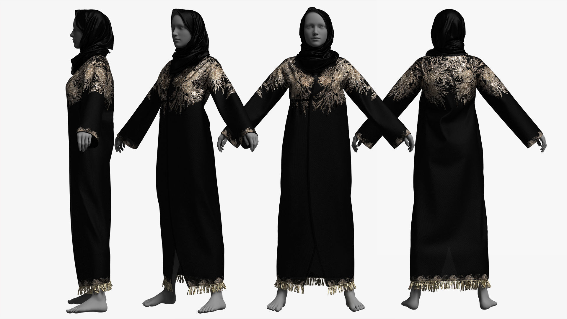 Elegant Black-Gold Embroidered Abaya with Hijab 3D model_3