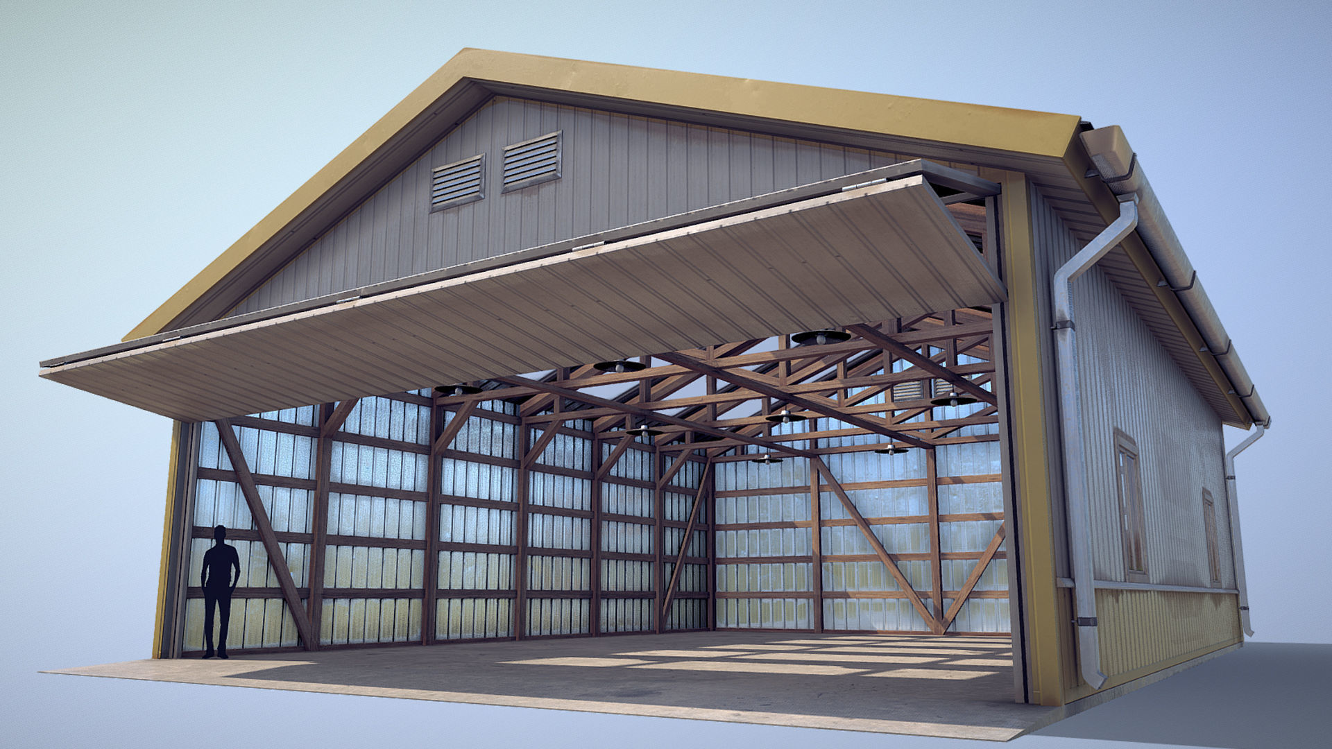 Airfield Hangar 12m Vr2 YELLOW Low-poly 3D model_10