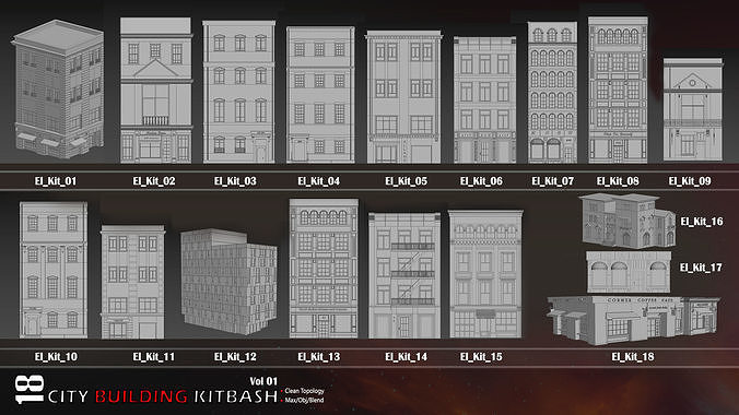 18 City Building Kitbash-High Details Low-poly 3D model 5