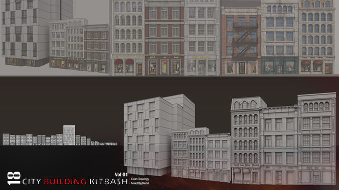 18 City Building Kitbash-High Details Low-poly 3D model 6
