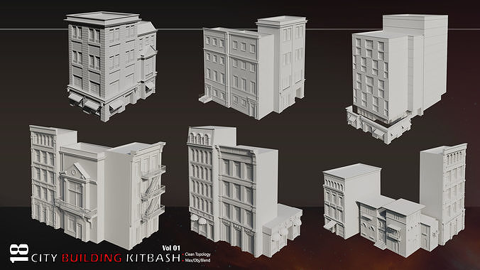 18 City Building Kitbash-High Details Low-poly 3D model 4