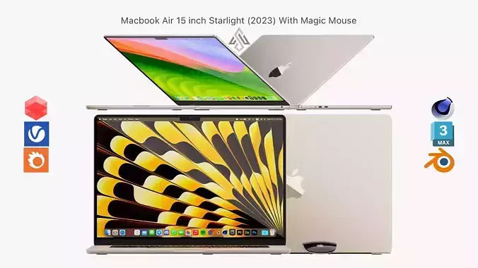 Apple MacBook Air 15 inch Starlight 2023 With Magic Mouse 3D