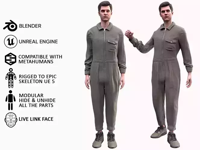 Man in Overalls 2 - Modular - Rigged Low-poly 3D model