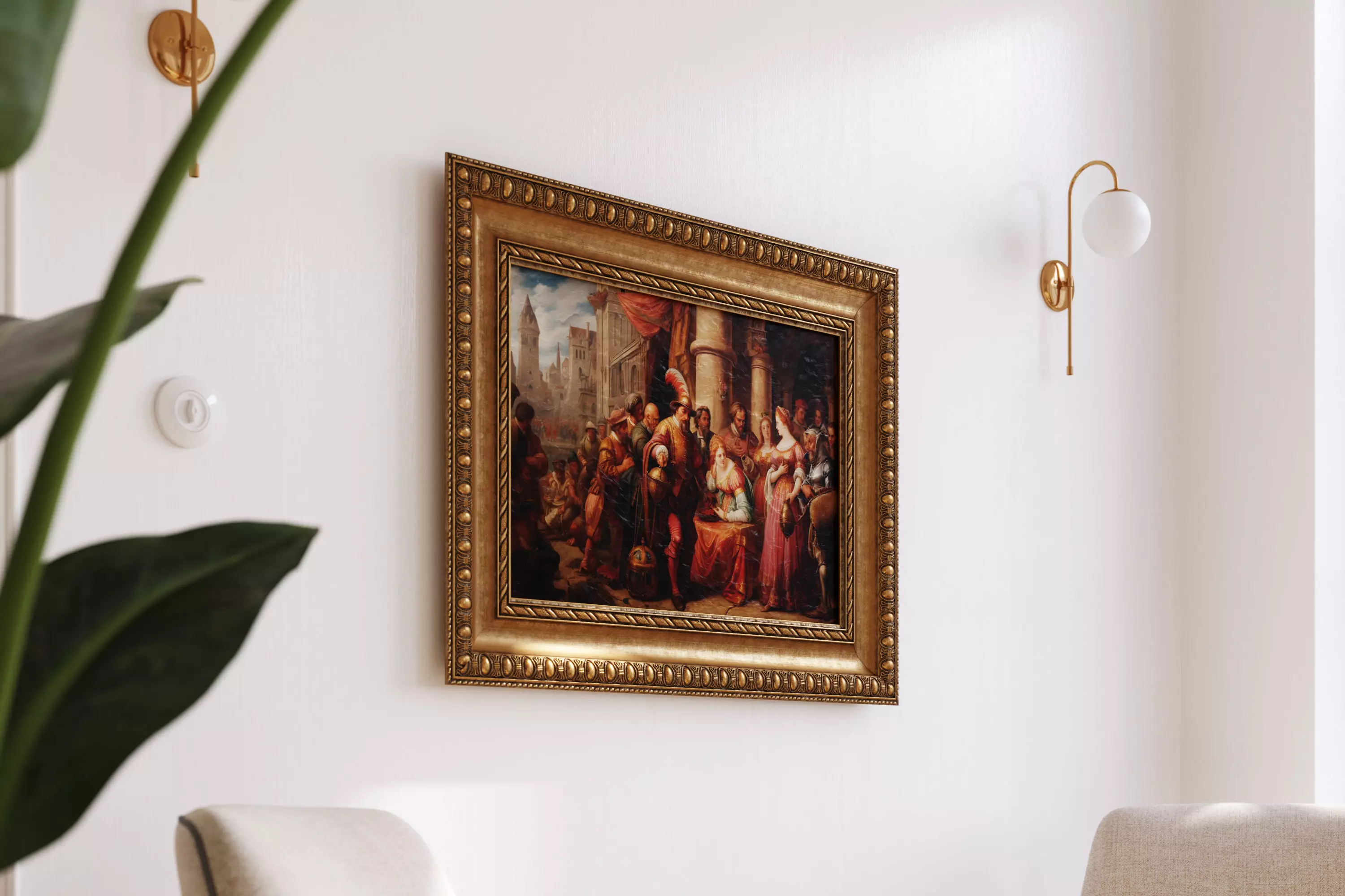 Antique frame with oil painting 3D model_0