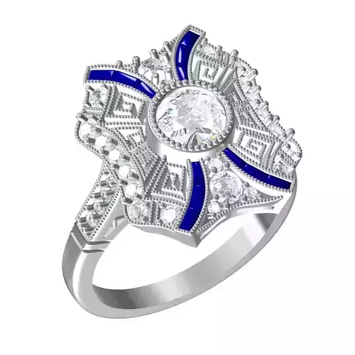 Round Diamond Bezel and Blue Sapphire Baguette Cocktail Ring
