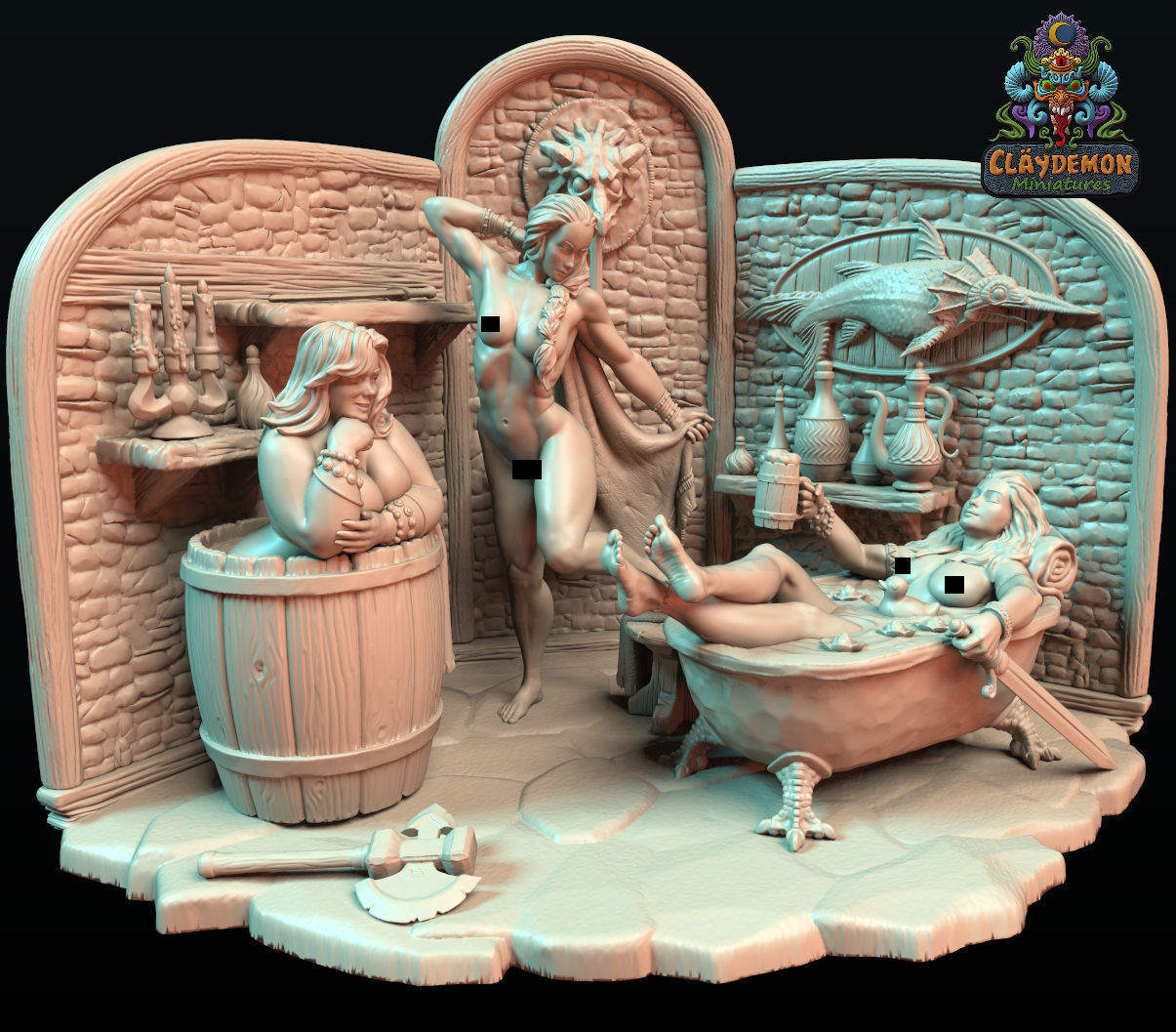 Chilling in the bath house - diorama 3D print model_1