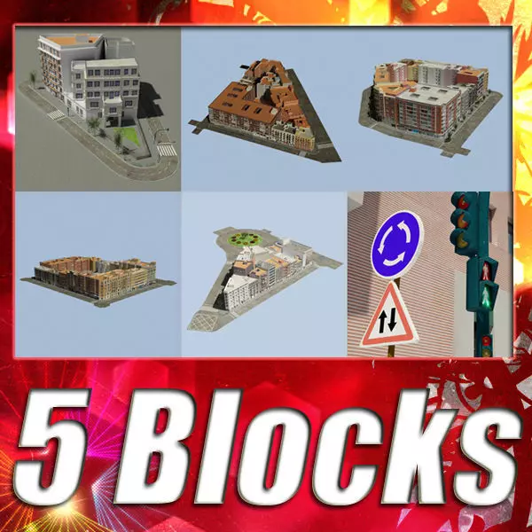 5 City Blocks Collection Low-poly 3D model_0