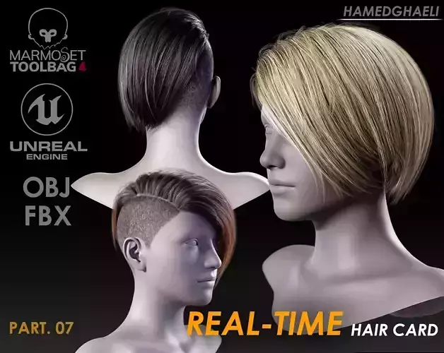 Real Time Hair Card Female Hairstyle part 07 Low-poly 3D model