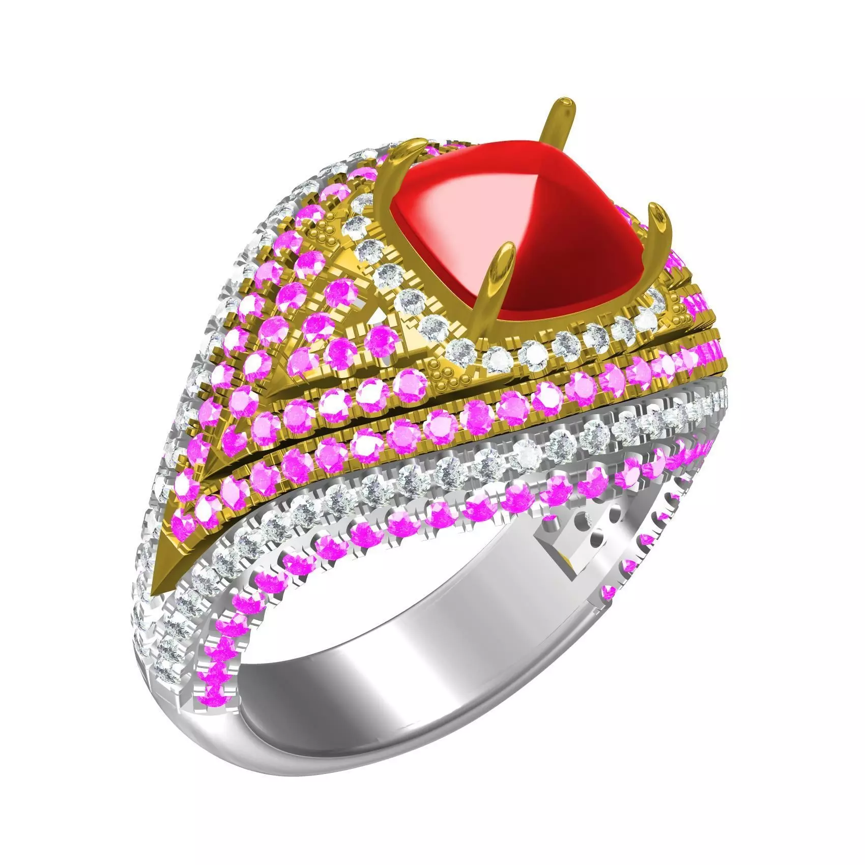 Cushion Cut Ruby Stone Hip Hop Ring 3D print model