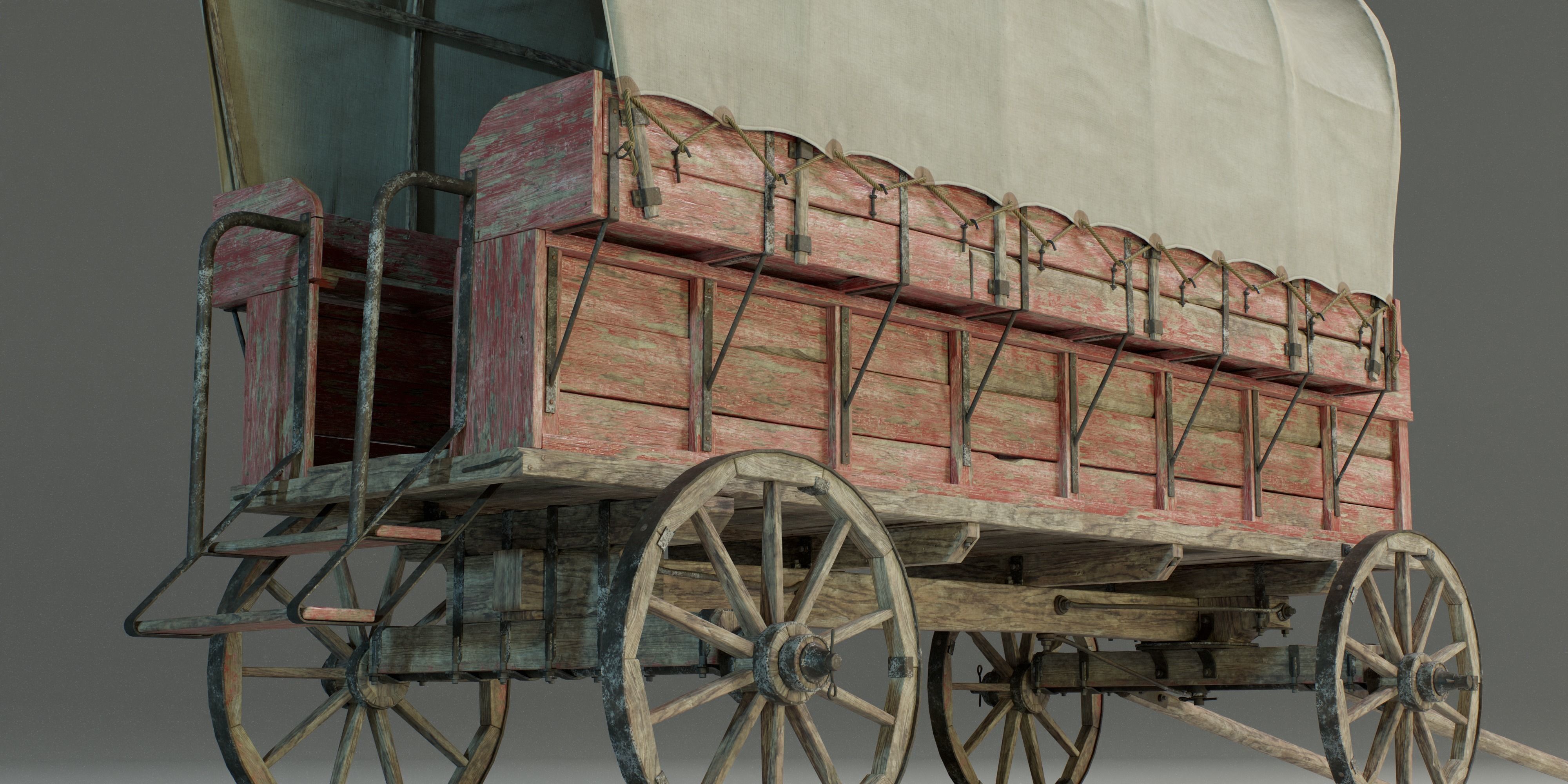 Wooden Medieval Carriage PBR Game Ready Low-poly 3D model_5