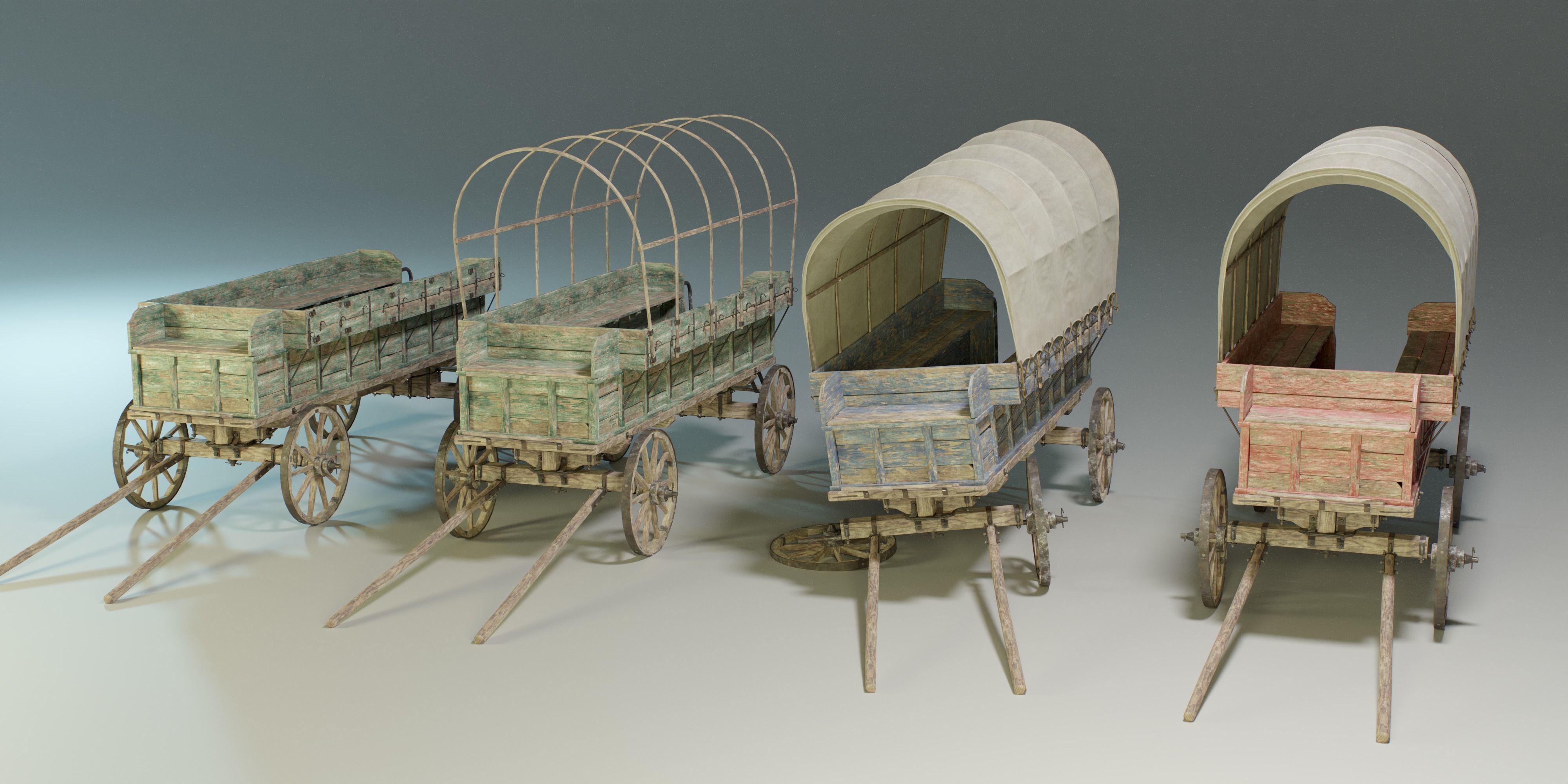 Wooden Medieval Carriage PBR Game Ready Low-poly 3D model_1