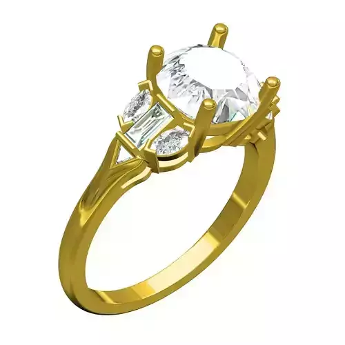 Round and Marquise and Baguette Diamond Solitaire Ring