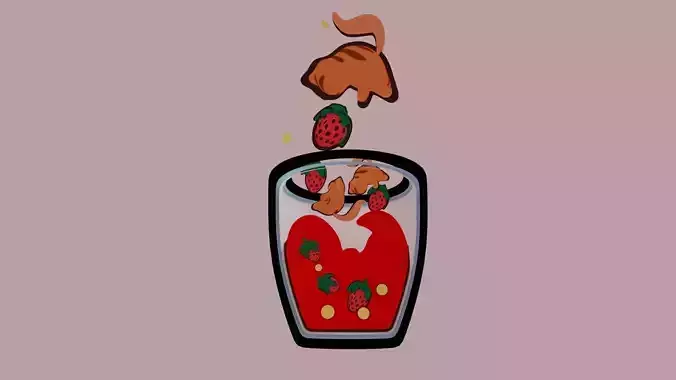 Strawberry cats and drink Cartoon outline stylized style 3D model