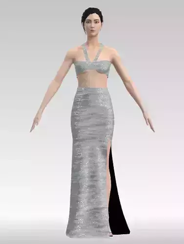 gray glitter color two pieces blouse skirt 3D model