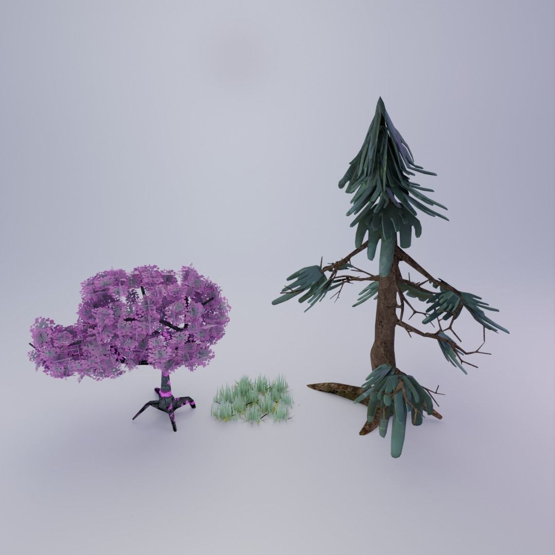 Stylized nature asset with trees bushes and grass Low-poly 3D model_5