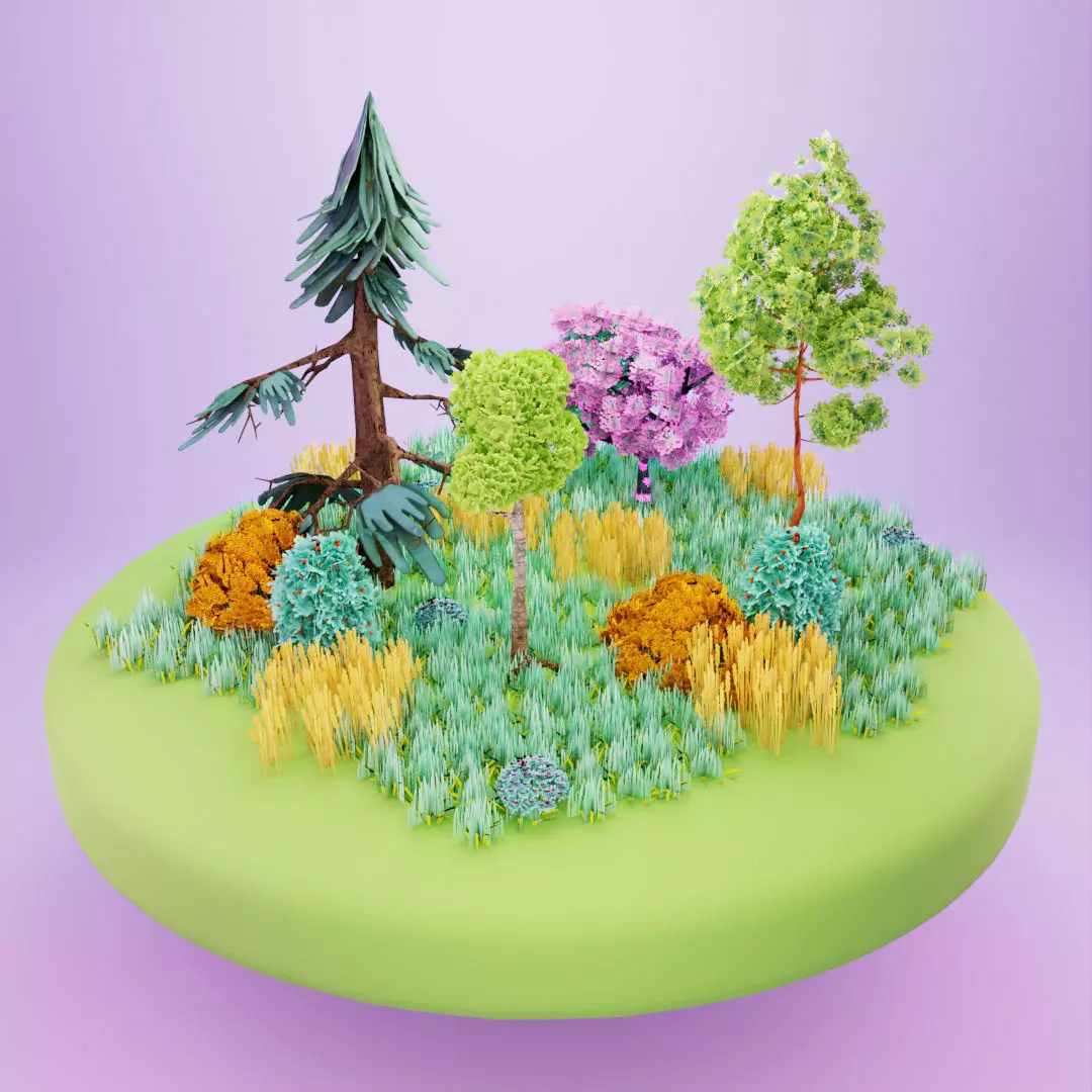 Stylized nature asset with trees bushes and grass Low-poly 3D model_0