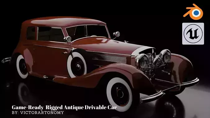 1930-50s Antique game-ready rigged drivable car with interiors Low-poly 3D model