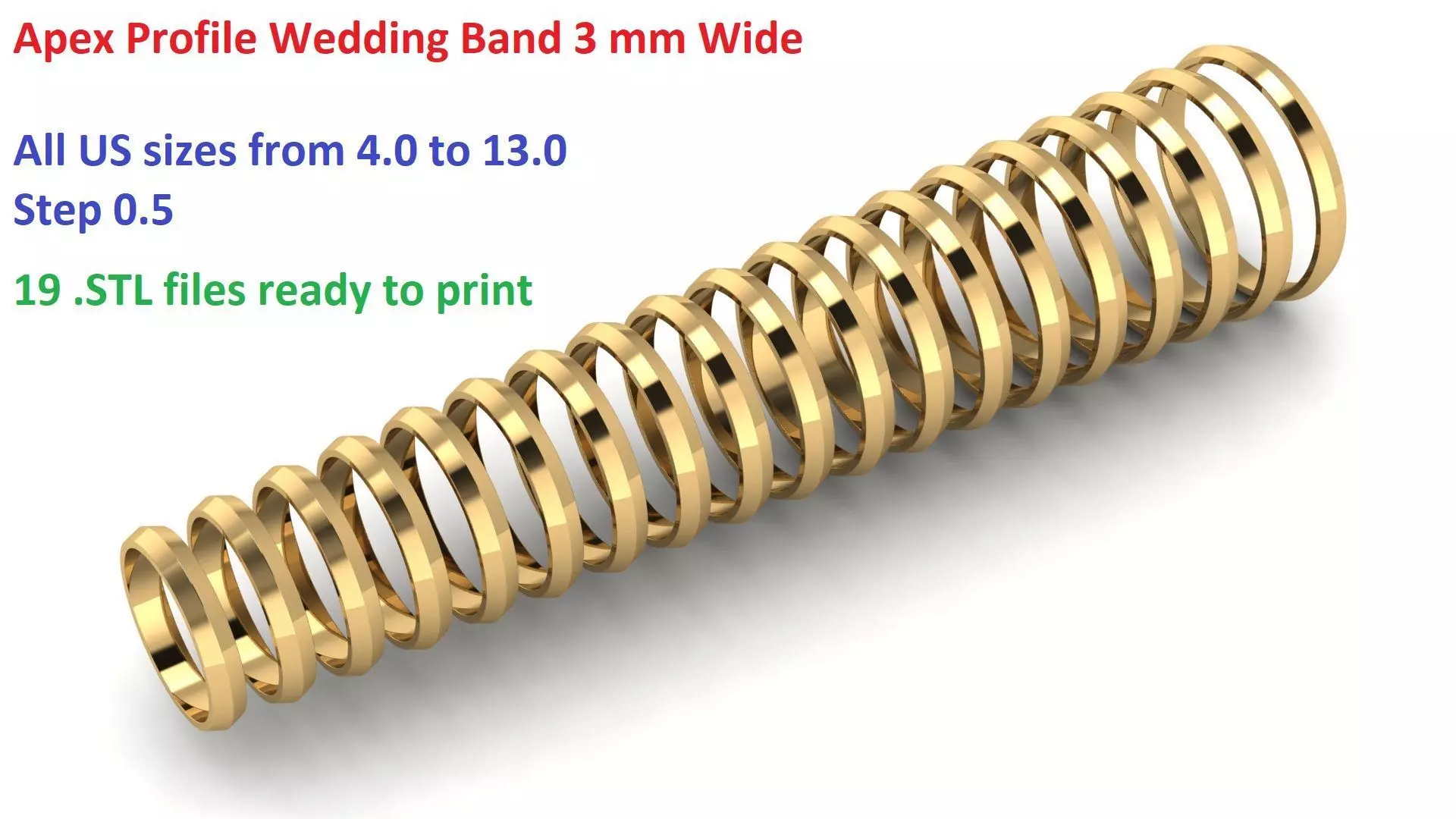 Apex profile Wedding Ring 3 mm Wide US Sizes 3D print model_0