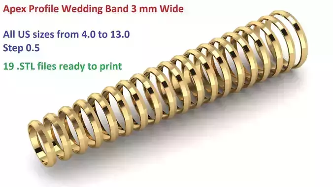 Apex profile Wedding Ring 3 mm Wide US Sizes
