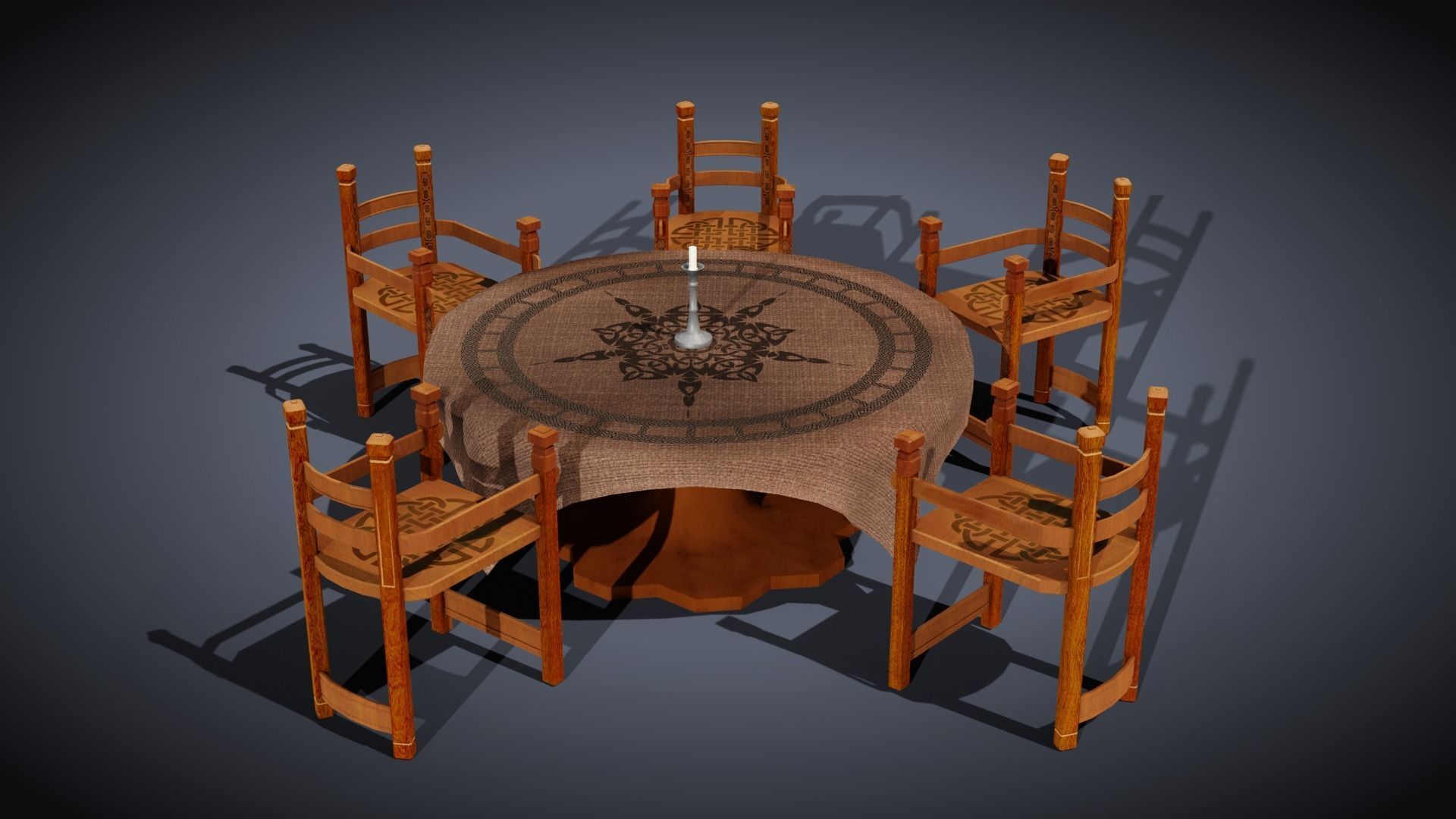Round Viking Table with Table Cloth Candle and Chairs Low-poly 3D model_11
