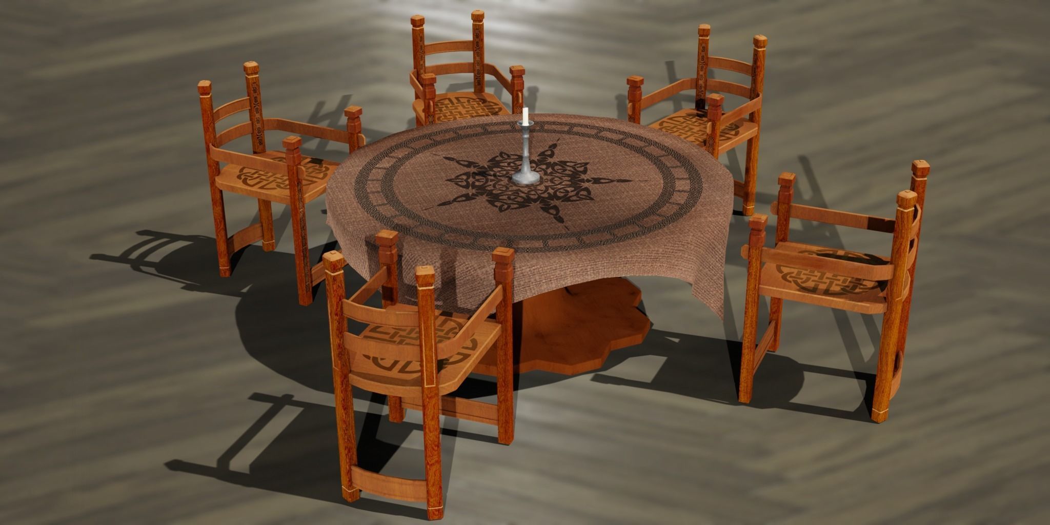 Round Viking Table with Table Cloth Candle and Chairs Low-poly 3D model_1