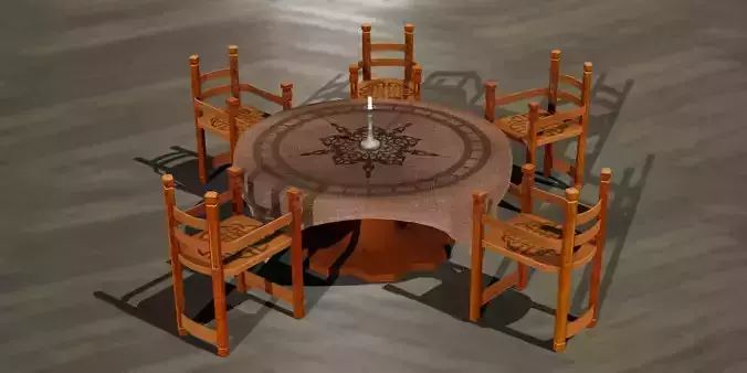 Round Viking Table with Table Cloth Candle and Chairs Low-poly 3D model