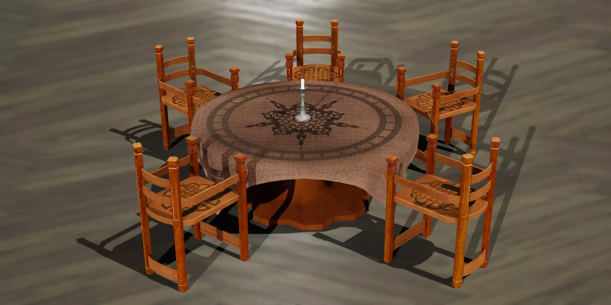 Round Viking Table with Table Cloth Candle and Chairs Low-poly 3D model_0