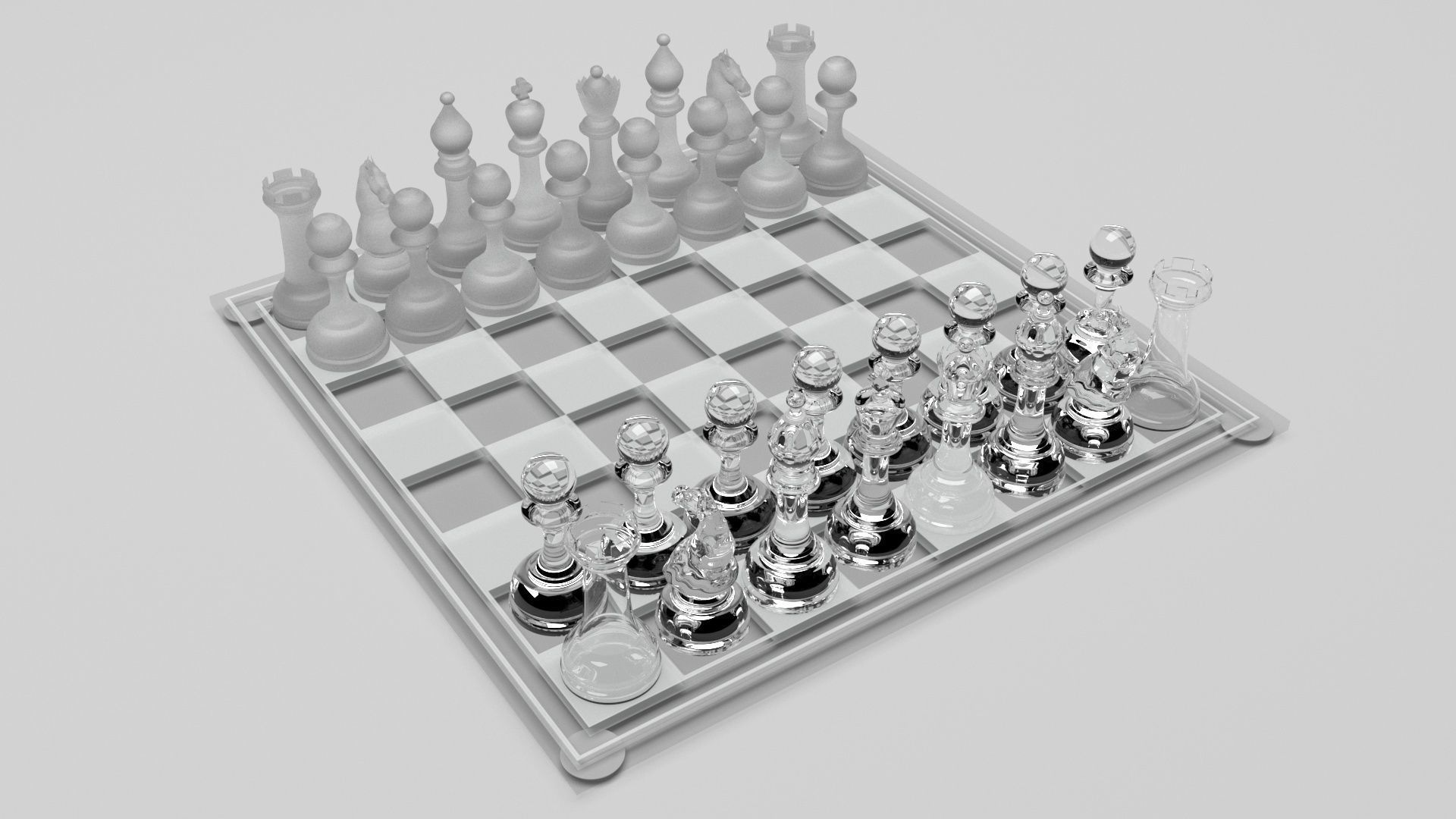 Glass Chess Figures On Glass Chess Board 3D model_4