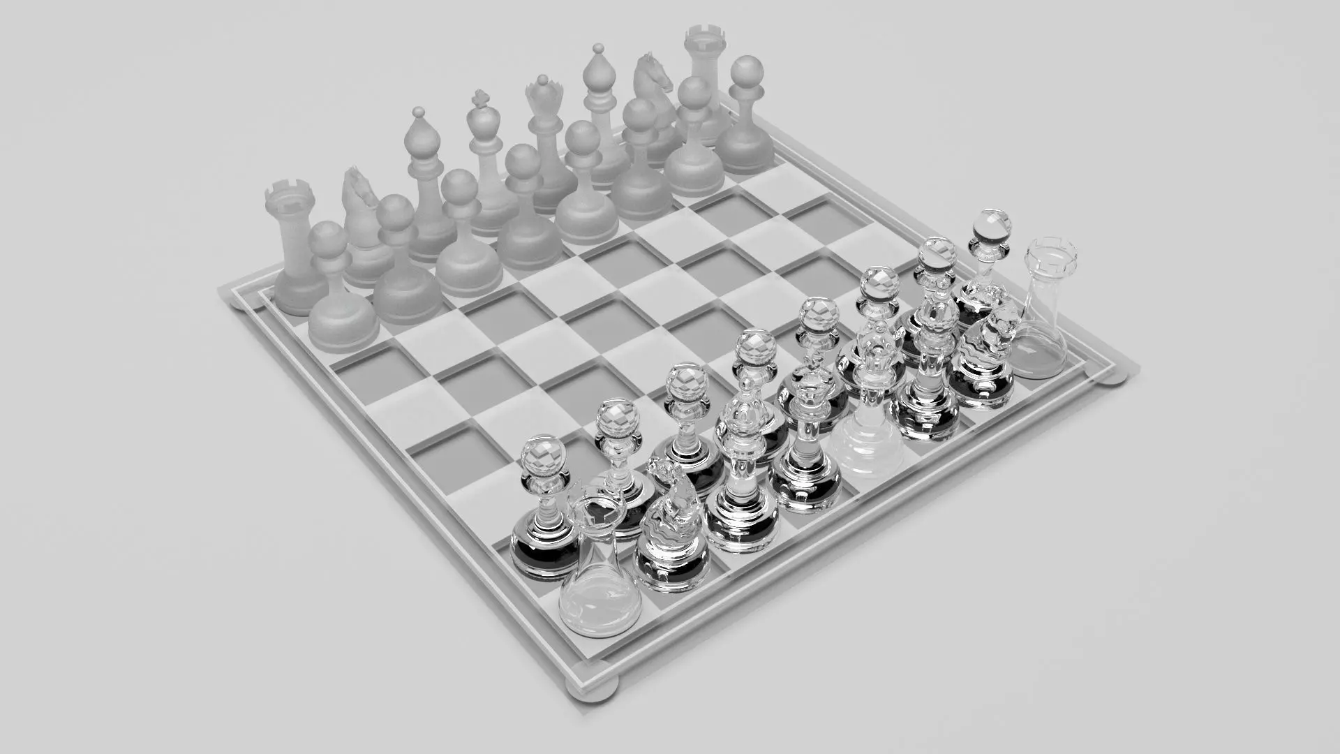 Glass Chess Figures On Glass Chess Board 3D model_0