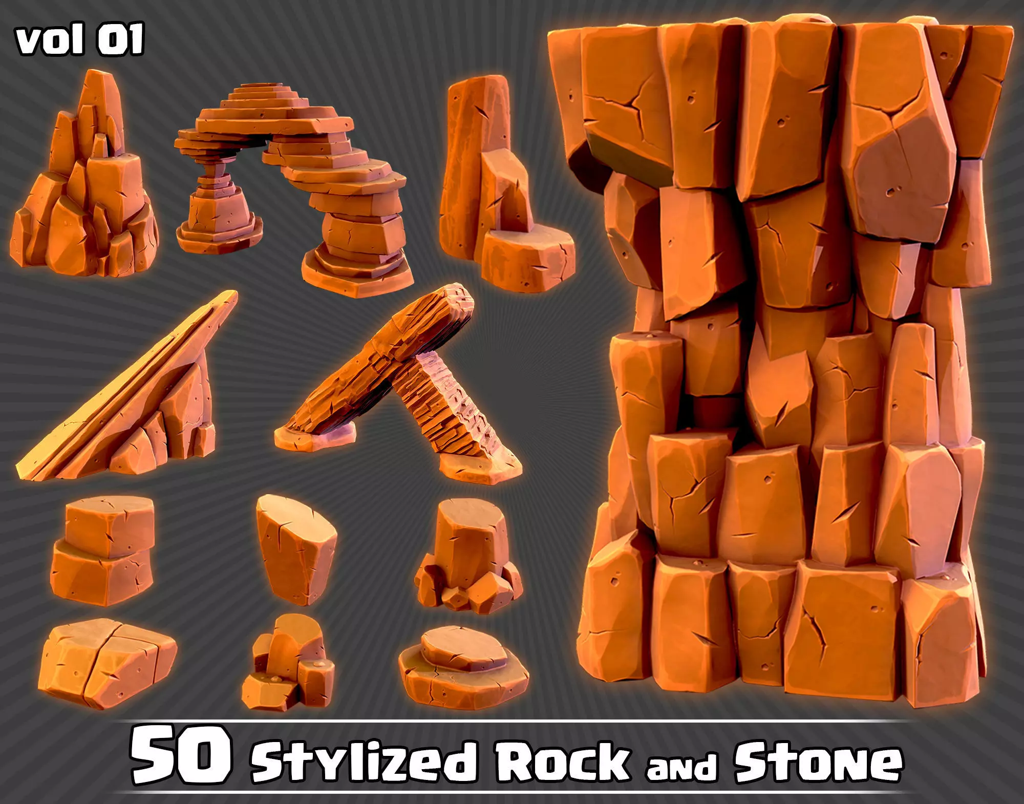 50 Stylized Rock and Stone Game Ready and IMM Brush Low-poly 3D model_0