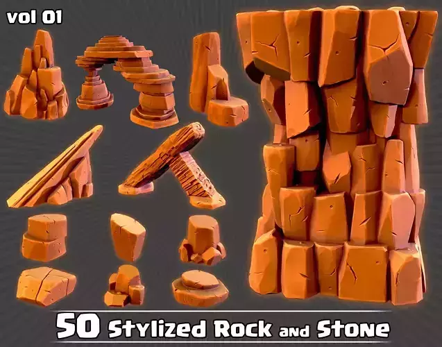 50 Stylized Rock and Stone Game Ready and IMM Brush Low-poly 3D model