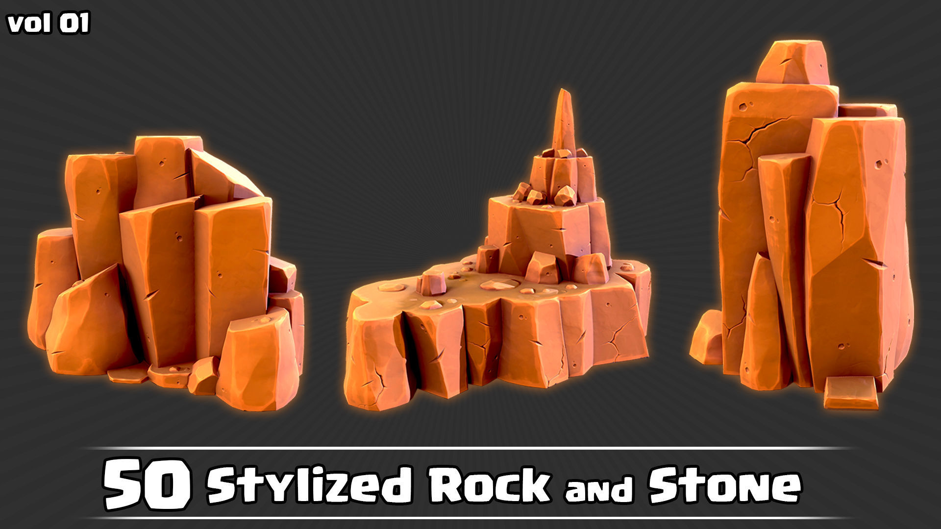 50 Stylized Rock and Stone Game Ready and IMM Brush Low-poly 3D model_3