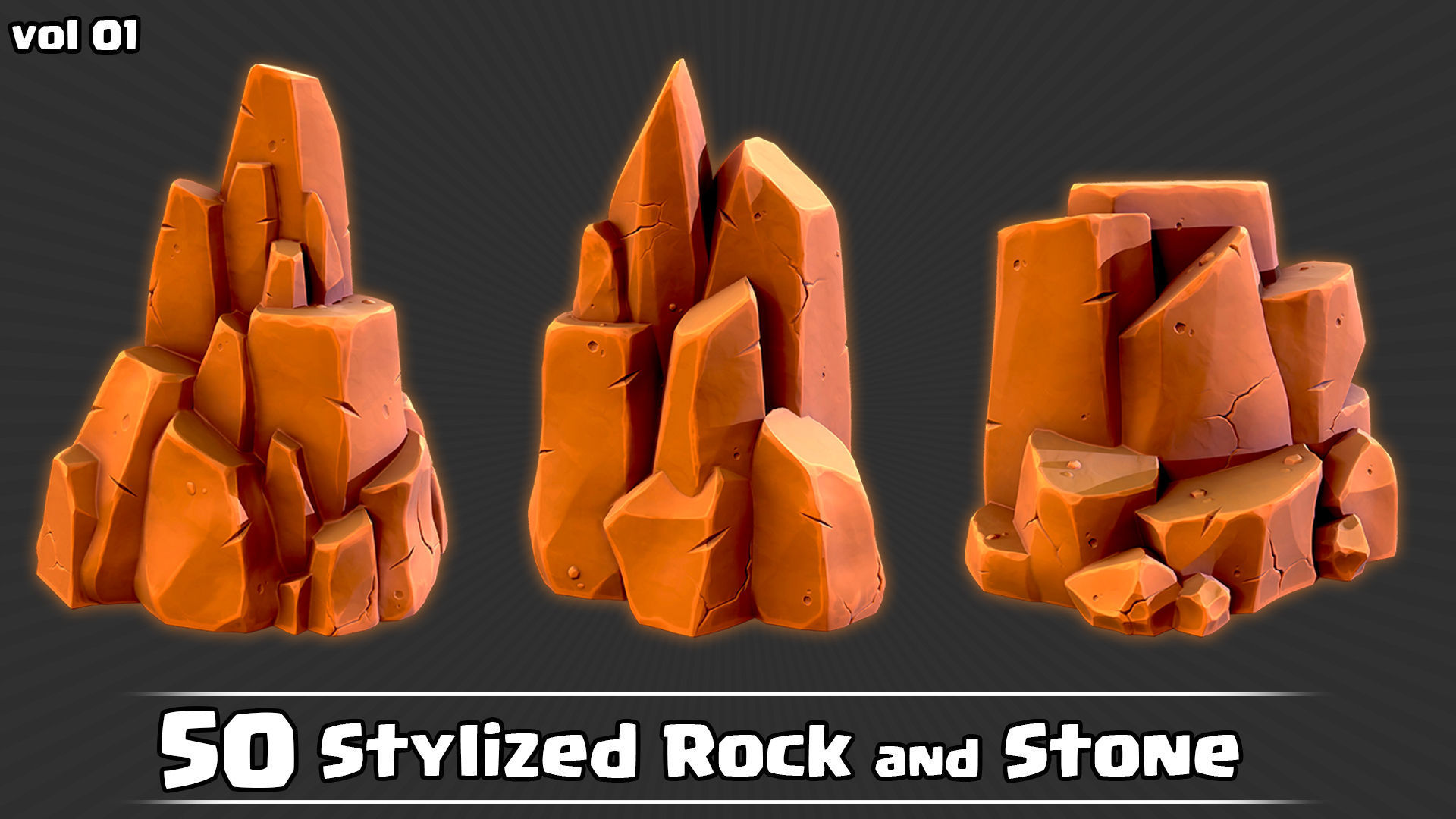 50 Stylized Rock and Stone Game Ready and IMM Brush Low-poly 3D model_1