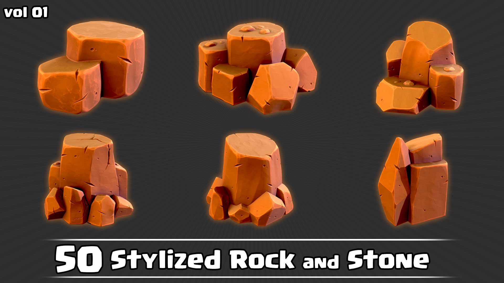 50 Stylized Rock and Stone Game Ready and IMM Brush Low-poly 3D model_12
