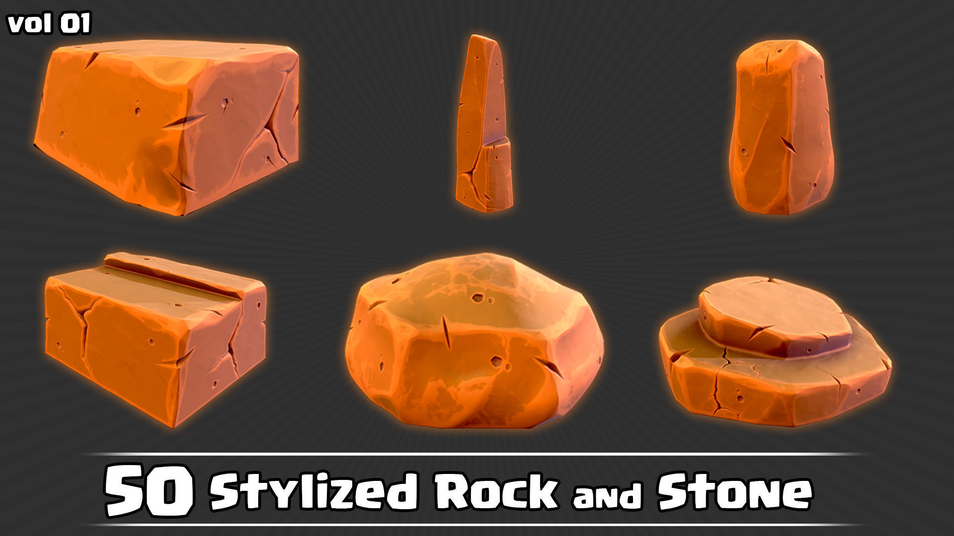 50 Stylized Rock and Stone Game Ready and IMM Brush Low-poly 3D model_11