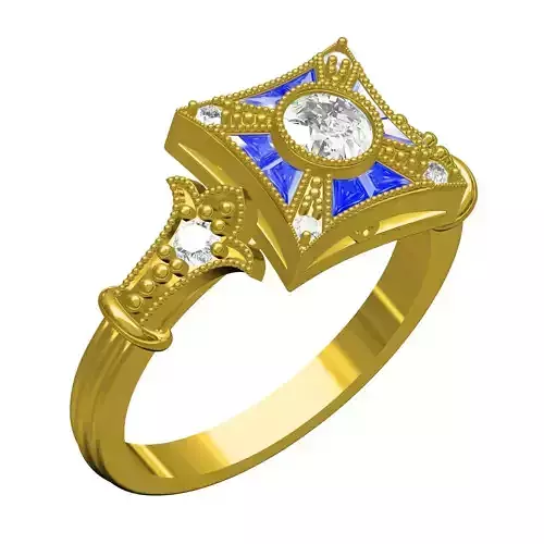 Round Diamond Bezel and Blue Sapphire Baguette Cocktail Ring 2