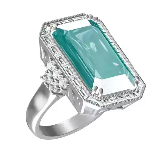 Emerald Stone Baguette Halo Engagement Ring