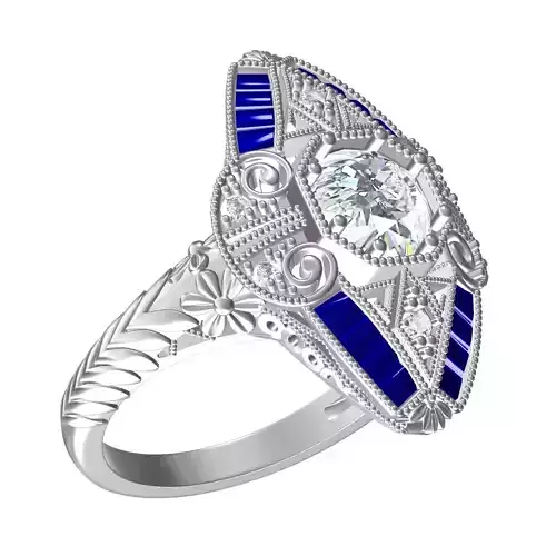 Beautiful sapphire and White Diamond Art Deco Engagement  Ring