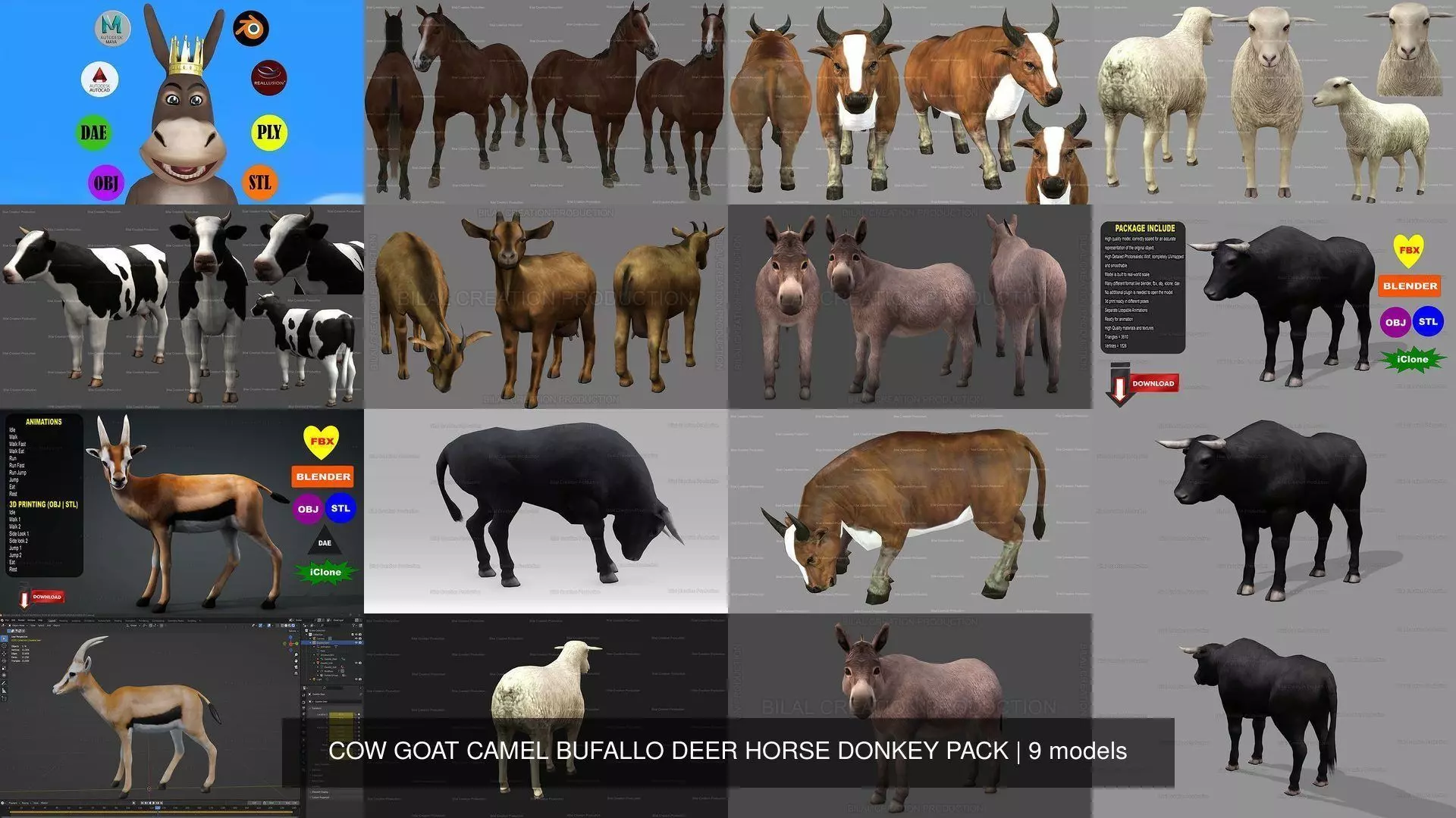9 PACK OF COW GOAT CAMEL BUFALLO DEER HORSE DONKEY PACK 3D Model Collection_0