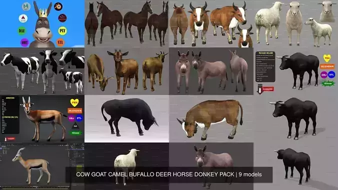 9 PACK OF COW GOAT CAMEL BUFALLO DEER HORSE DONKEY PACK 3D Model Collection