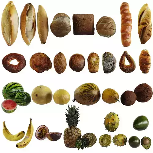 25 Breads And Fruits Low-poly 3D model