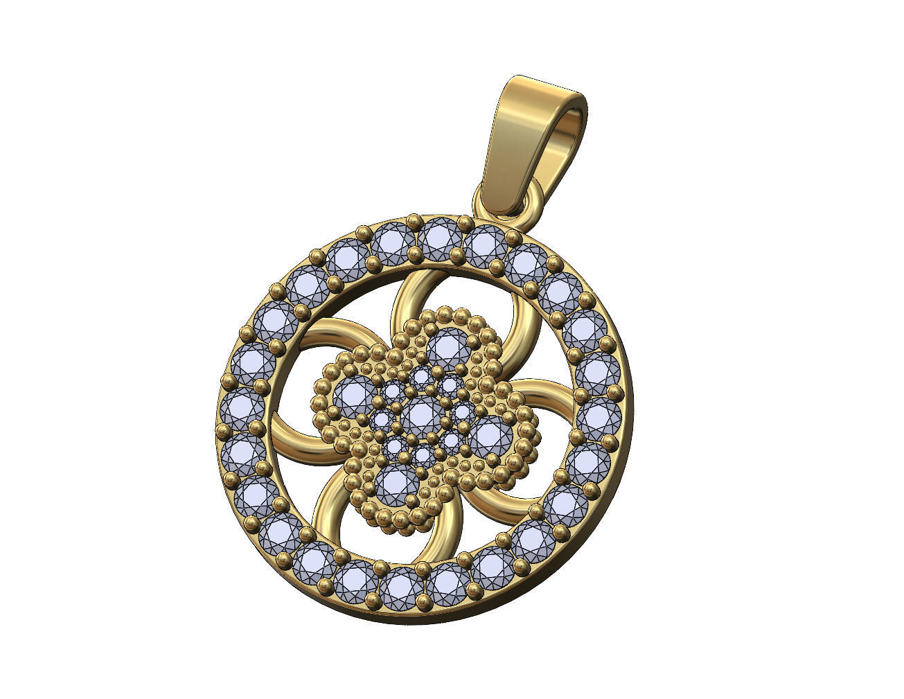 Diamond flower cluster and halo round pendant with bail 3D print model_1