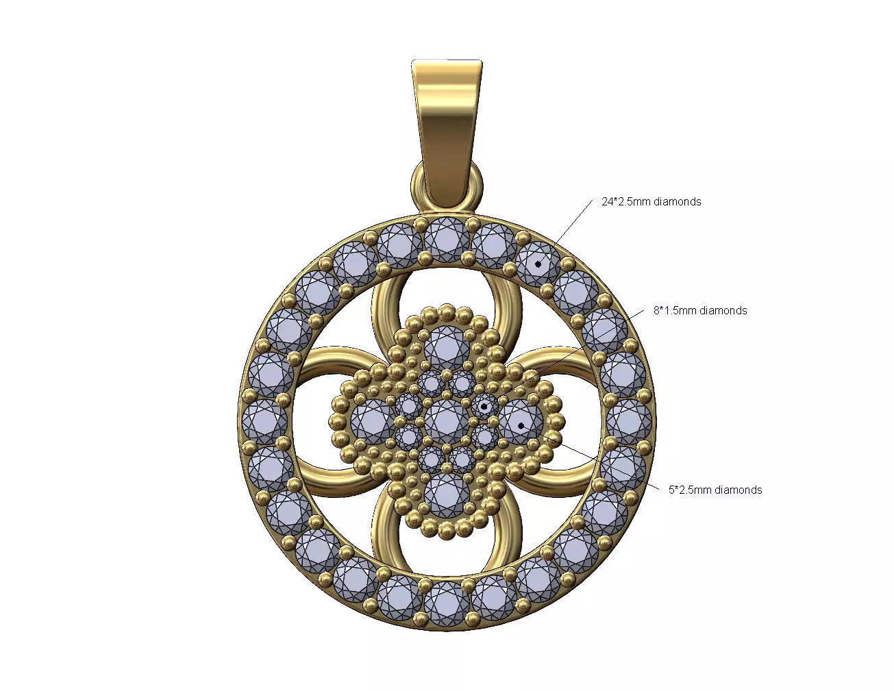 Diamond flower cluster and halo round pendant with bail 3D print model_0