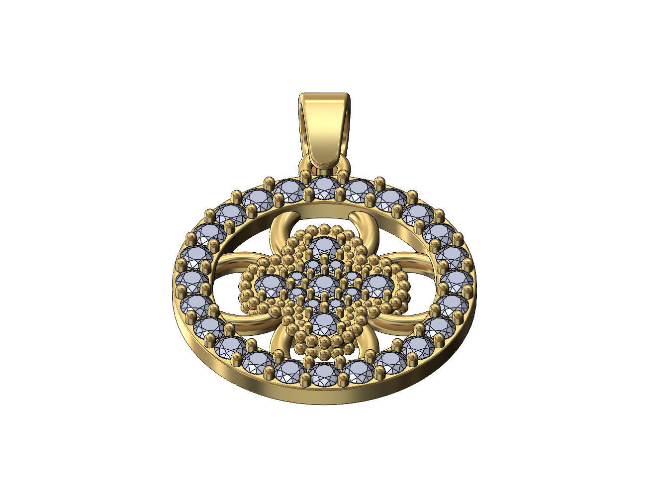 Diamond flower cluster and halo round pendant with bail 3D print model_2