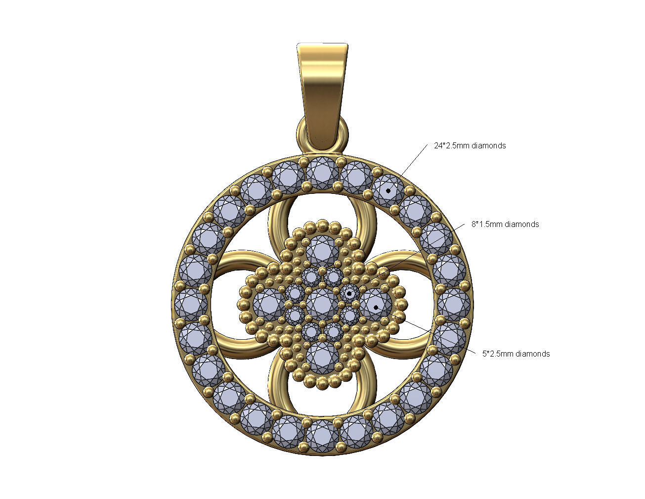 Diamond flower cluster and halo round pendant with bail 3D print model_16