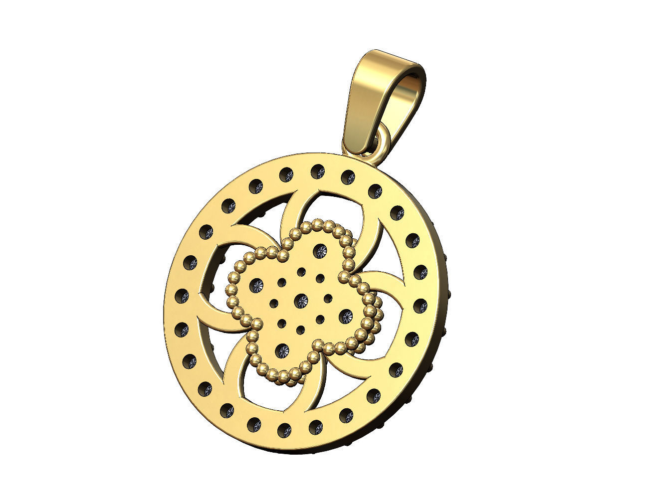 Diamond flower cluster and halo round pendant with bail 3D print model_4