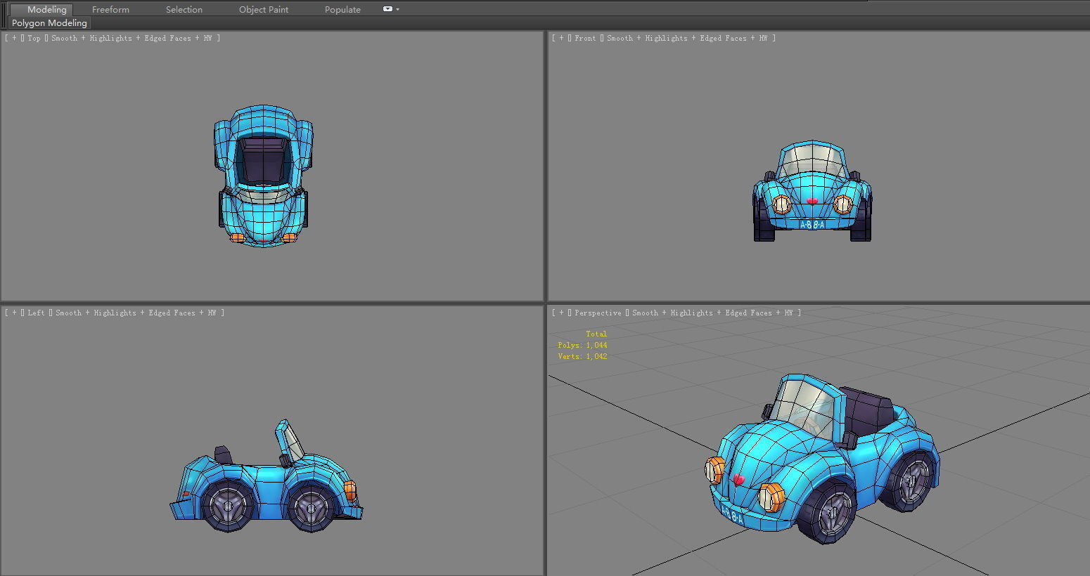 Cartoon blue mini car Low-poly 3D model_5