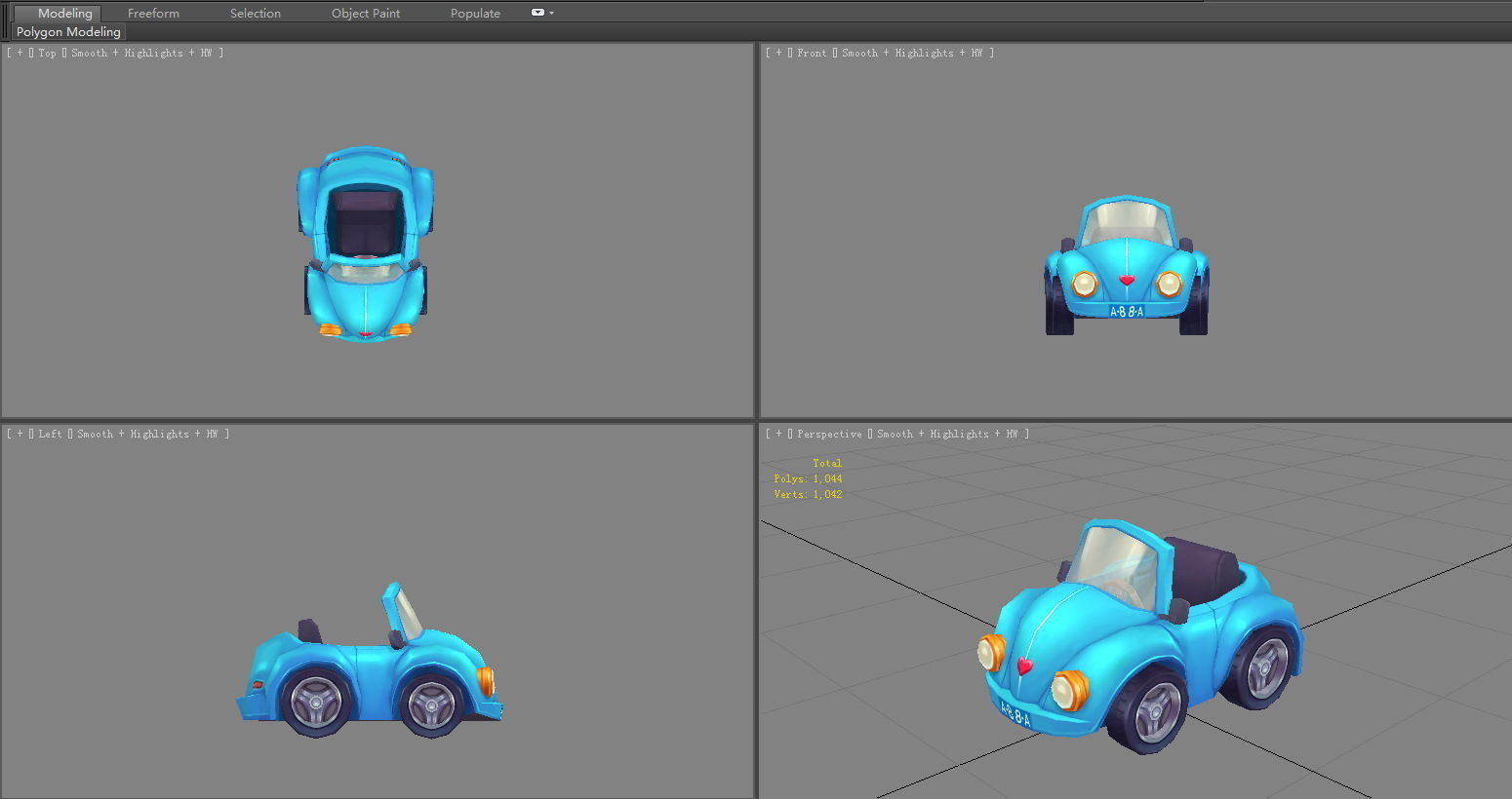Cartoon blue mini car Low-poly 3D model_4